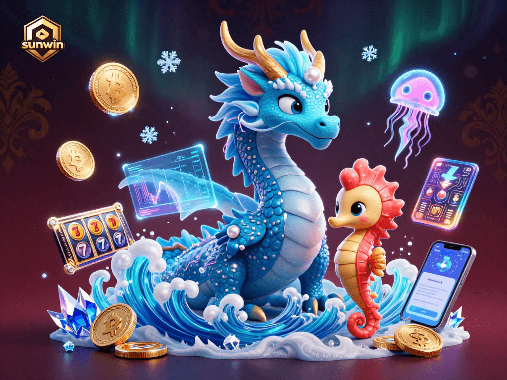 sunwin slots scene featuring a water dragon, seahorse knight, and neon jellyfish