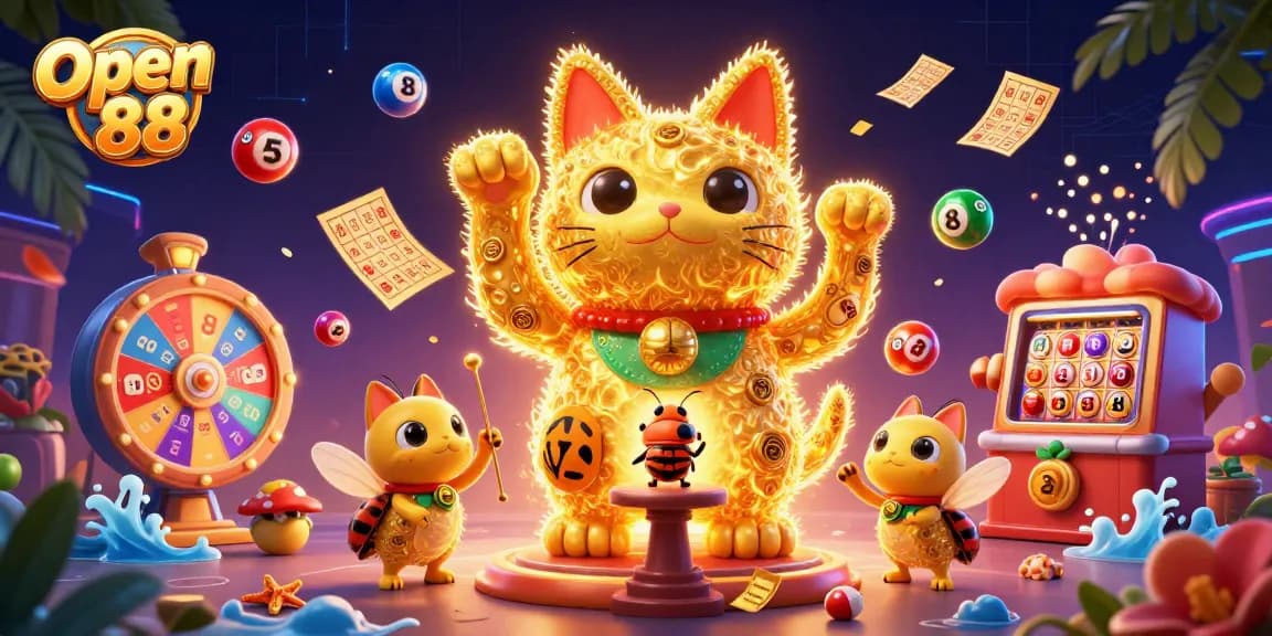 Experience the thrill of winning at Open 88 with a vibrant scene of casino symbols and lucky moments.