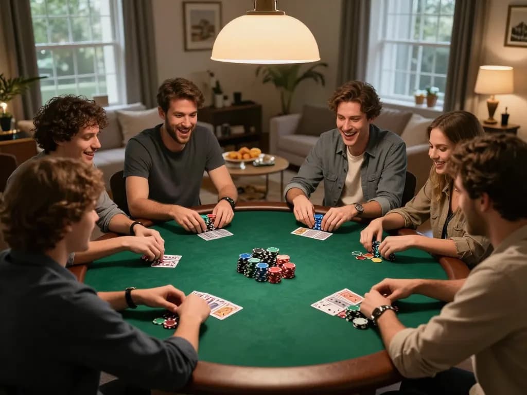 TA88 home poker night with friends competing over stacked chips and cards in warm lighting.