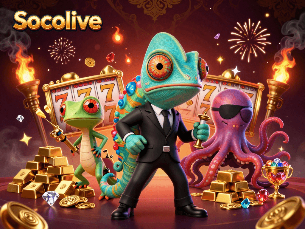 Socolive casino adventure featuring a colorful agent chameleon and golden gadgets amidst spinning slots.