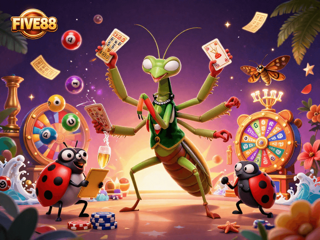 Experience the thrill of FIVE88 with a vibrant casino scene featuring lively characters and dynamic game elements.