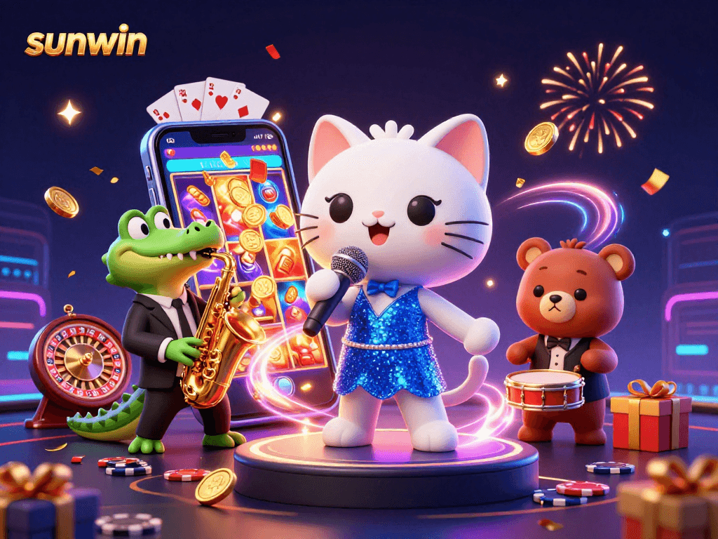 Experience thrilling moments at sunwin with a lively jazz-themed casino illustration featuring engaging characters.