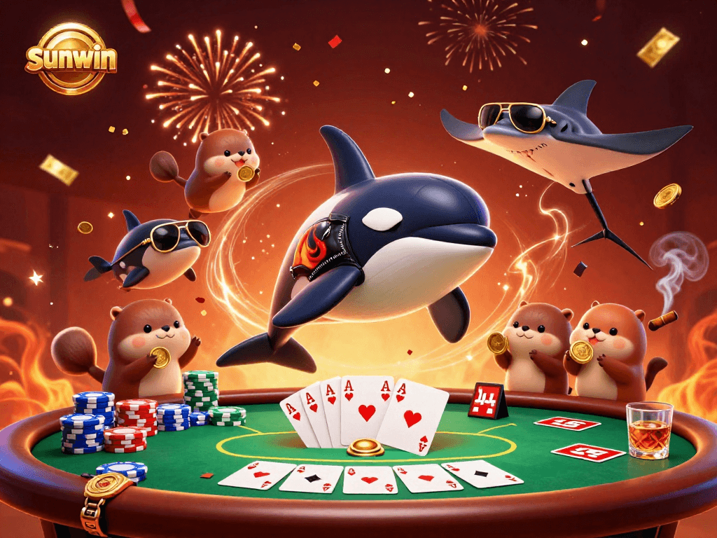 Experience thrills at sunwin as a dynamic orca, stingray, and otters play winning hands with poker chips.