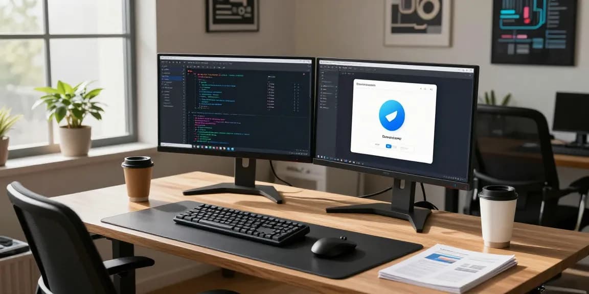 Developer engaging with coding and app design, showcasing the Download Telegram app in a modern workspace.