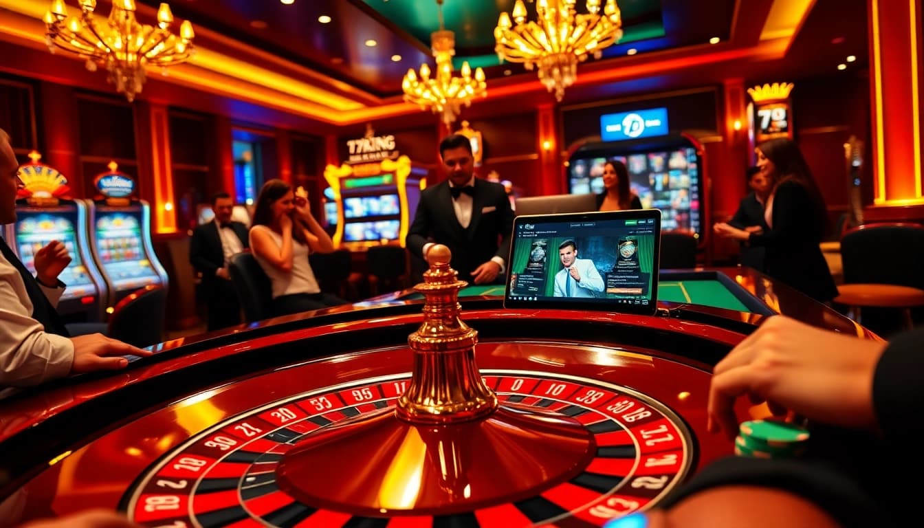 Players betting at a luxurious casino with 79king branding during a live game.