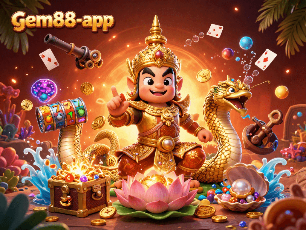 Spin the reels at gem88-app, featuring vibrant characters and exciting treasure in a dynamic casino scene.