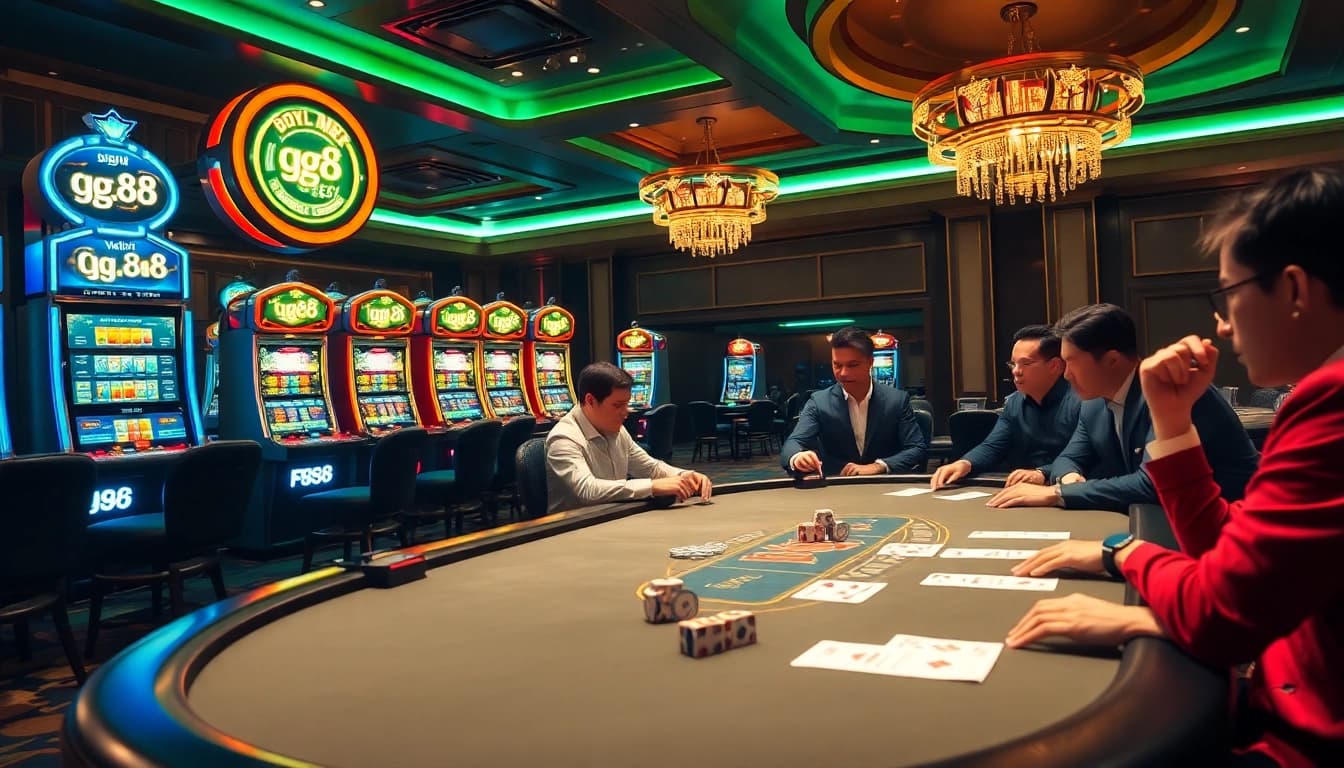 Experience the thrilling atmosphere of gg.88 with engaged players at luxurious casino tables filled with rich colors and excitement.