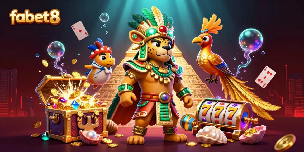Engage with fabet8's vivid 3D casino scene, featuring dynamic slot games and energetic characters.