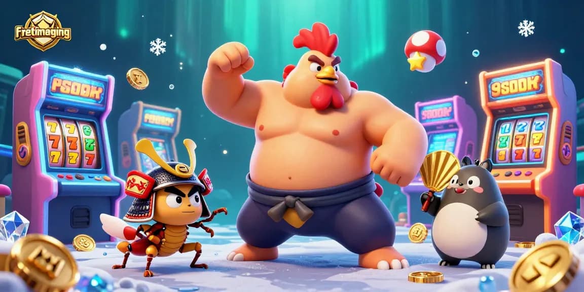 Engage in thrilling gameplay with fretimaging, featuring a powerful sumo rooster amid a vibrant casino scene.
