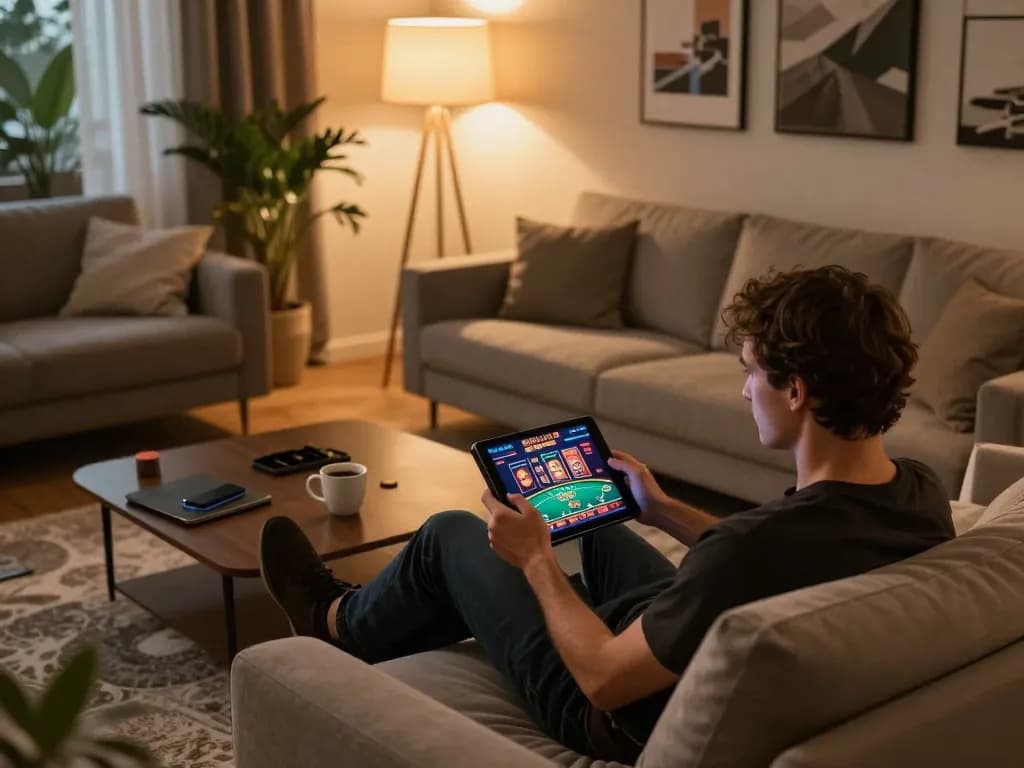 Players engage with the LC88 online casino interface on a tablet, highlighting strategic gameplay.