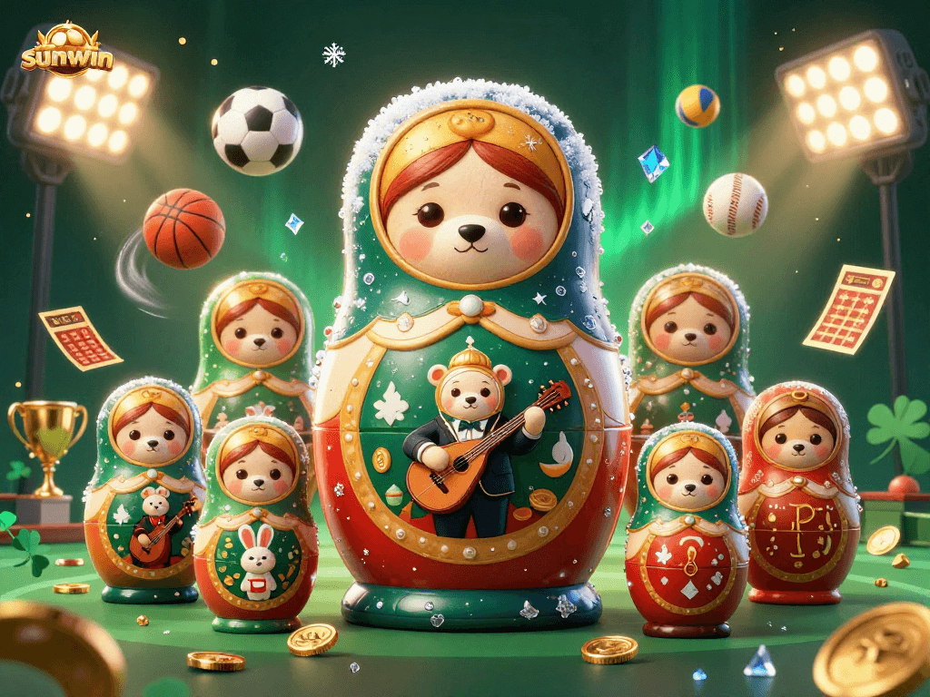 Engage with sunwin gaming through vibrant 3D illustration of animated casino characters and sports elements.