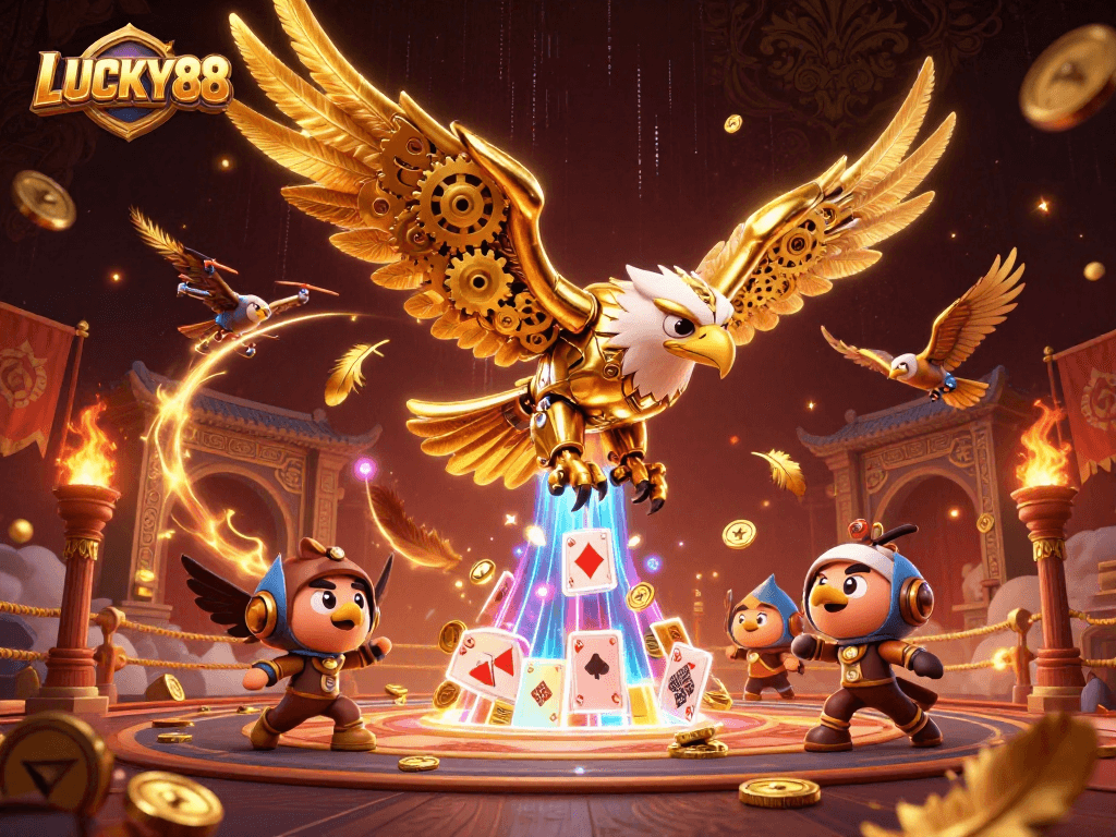 Experience winning with LUCKY88, as a cybernetic eagle dives through shimmering holographic cards.