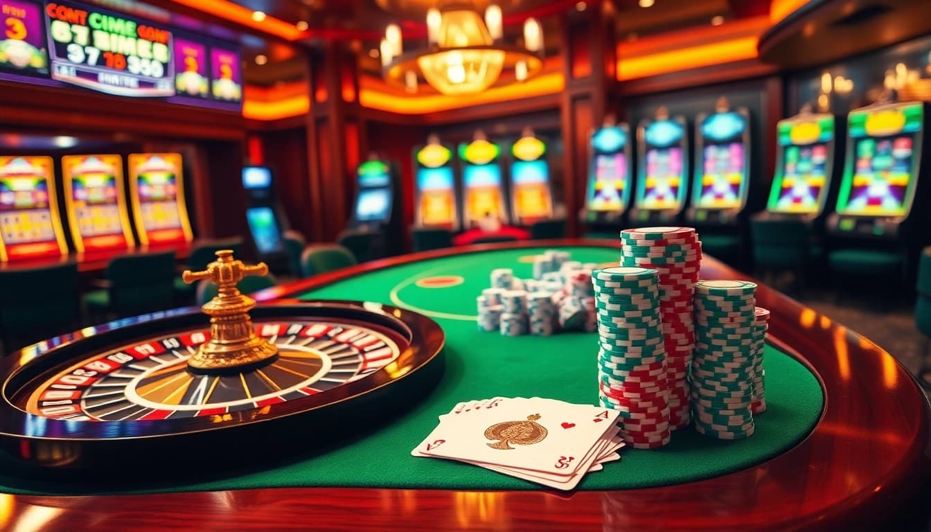 Experience the excitement of CM88 gaming with vibrant casino tables and colorful slot machines.