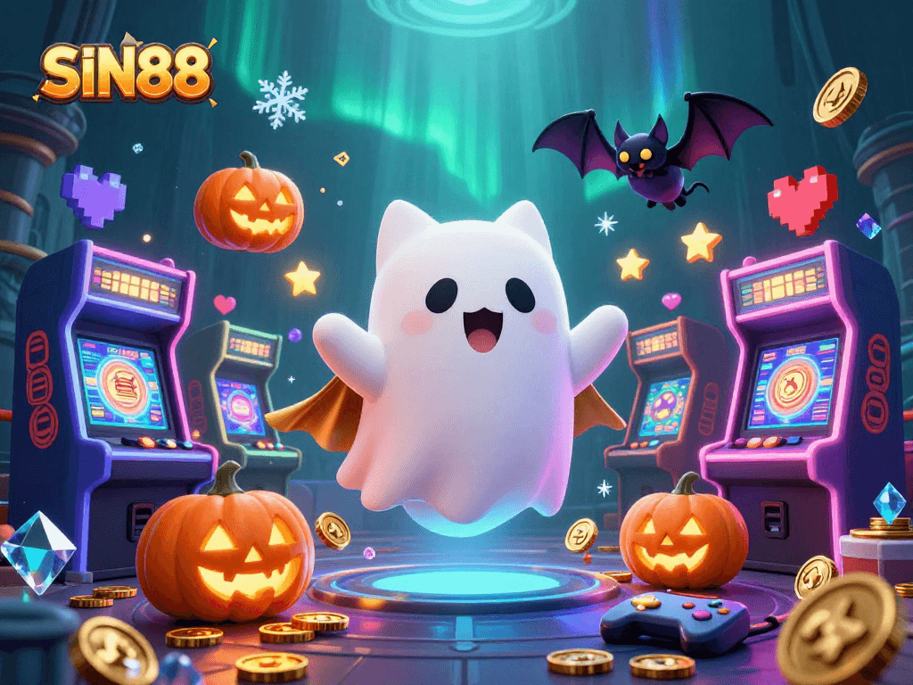 SIN88 magical casino scene with ghost cat, vampire bat, and glowing jack-o-lanterns
