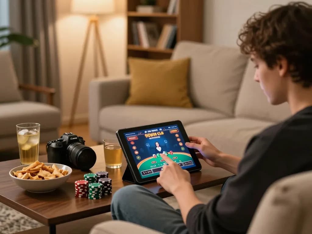 Engaging with the 98win club online casino on a tablet, enhancing gaming experience at home.