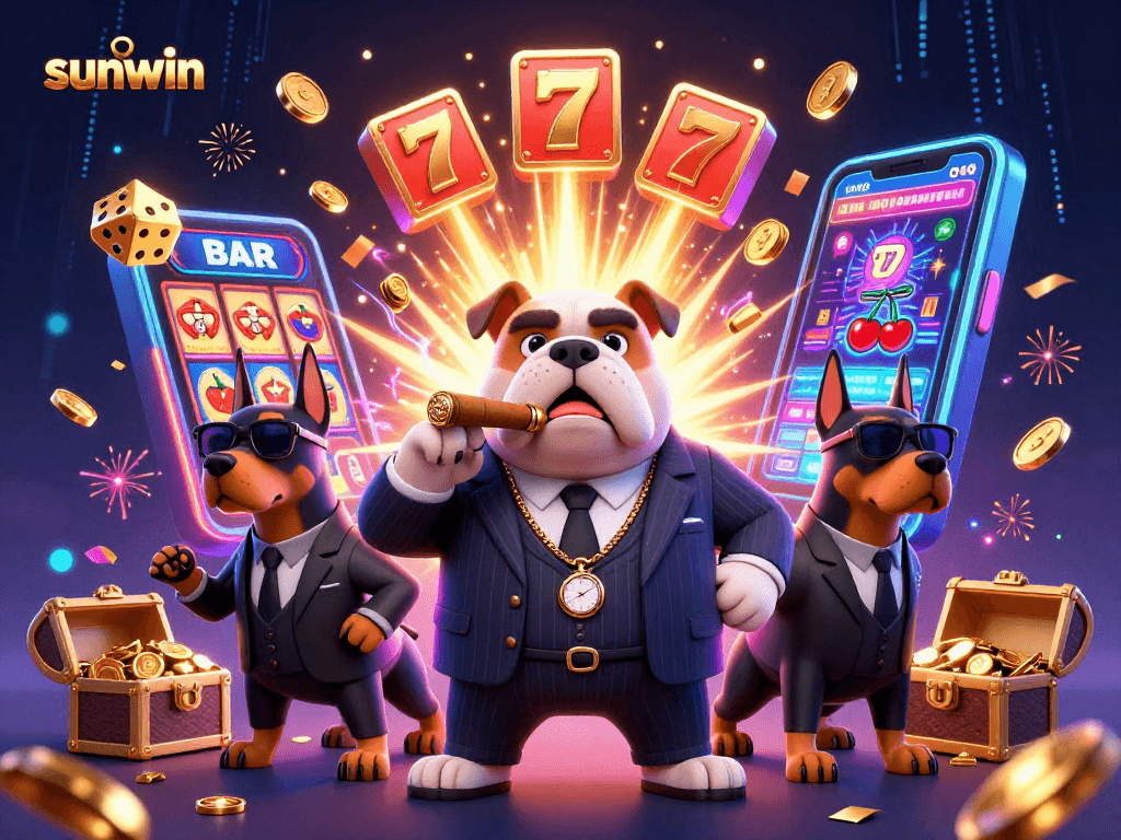 Engage in exhilarating gameplay with Sunwin, featuring vibrant slot machine action and animated characters.