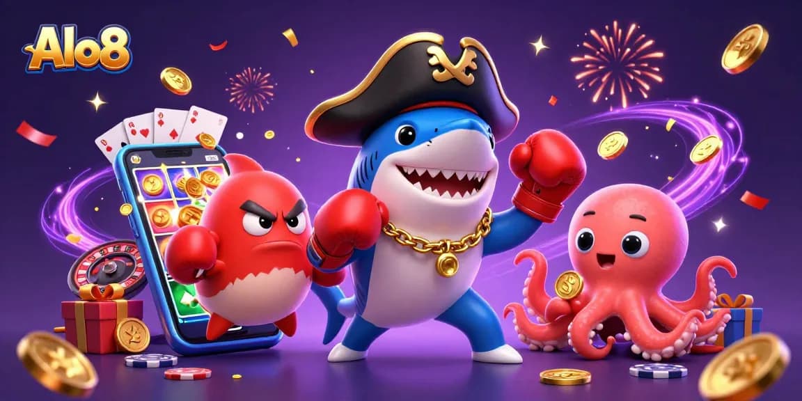 Alo8 pirate shark and friends celebrate winning with slot games and shiny coins in a vibrant casino scene.