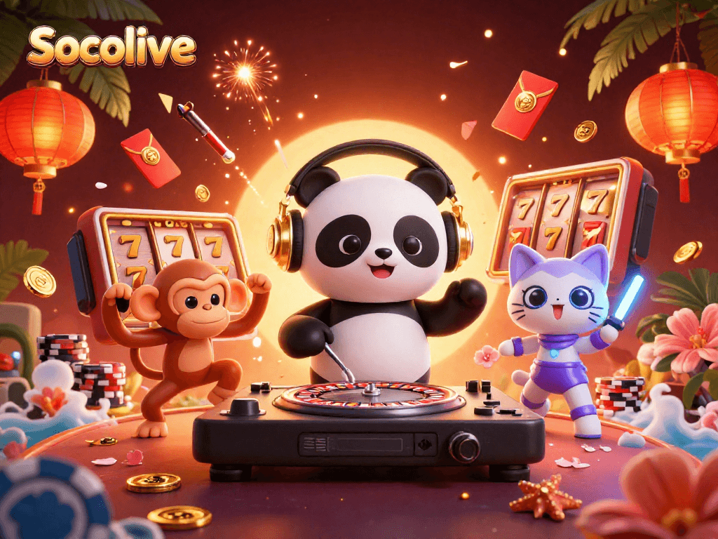 Socolive casino scene featuring a DJ panda, breakdancing monkey, and glowing kitten amidst vibrant slot reels and festive decorations.
