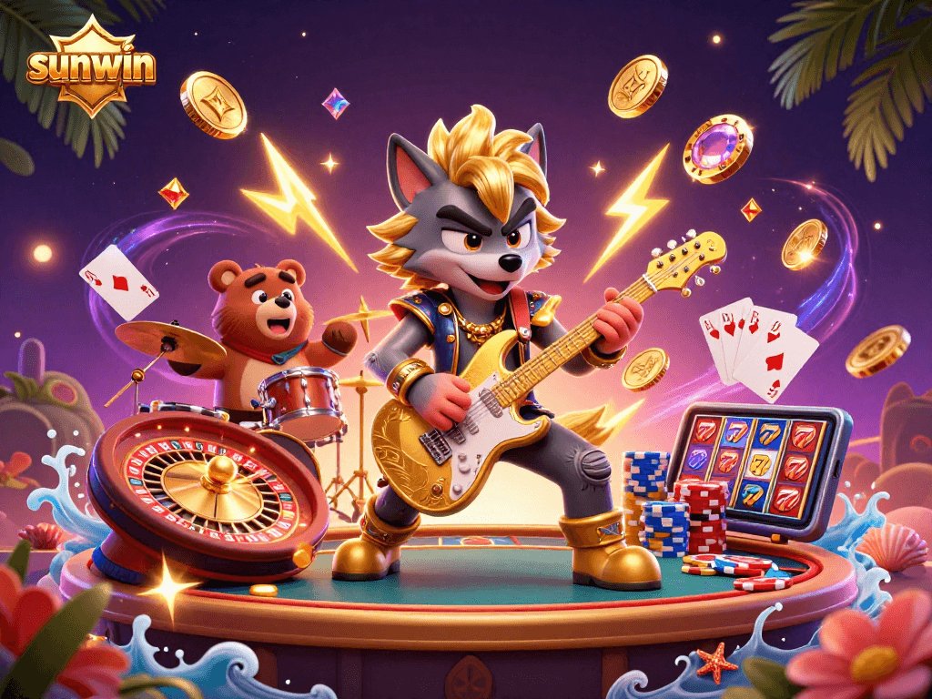 Experience the excitement of sunwin with a vibrant casino scene featuring a rock star wolf and drummer bear.