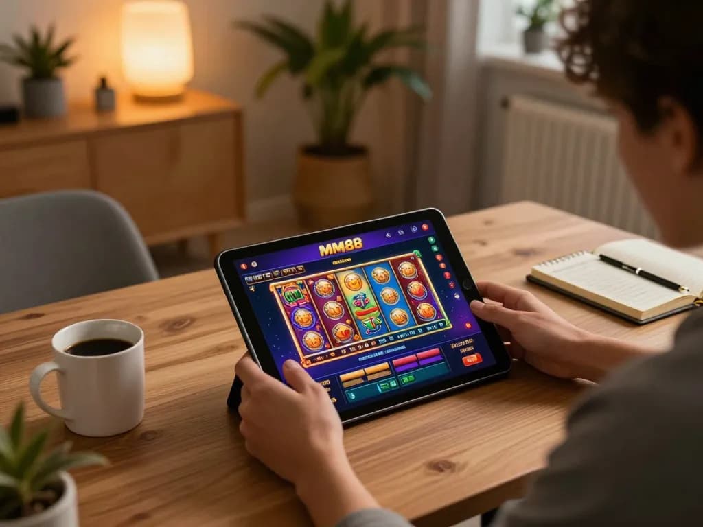 Player engaging with MM88 online casino on tablet in a cozy home environment