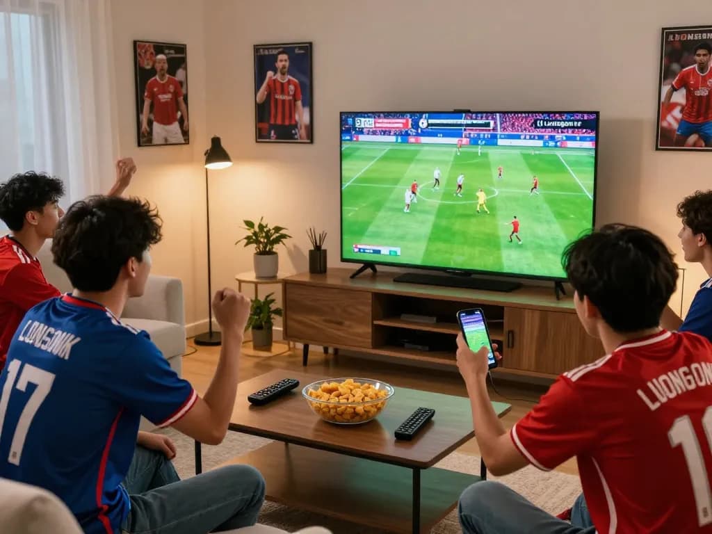 Fans enjoying a live football game from luongsontv in a modern living room atmosphere.