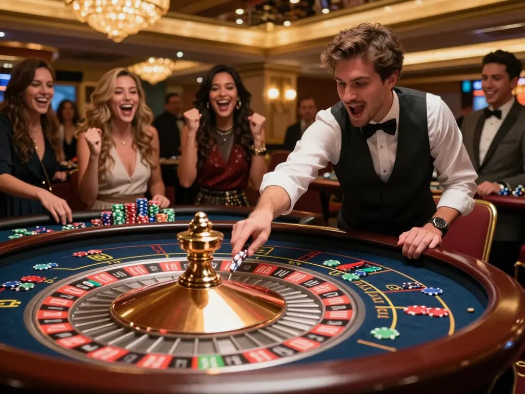 Player enjoying a roulette game at a thrilling casino table with excitement, CM88 theme.