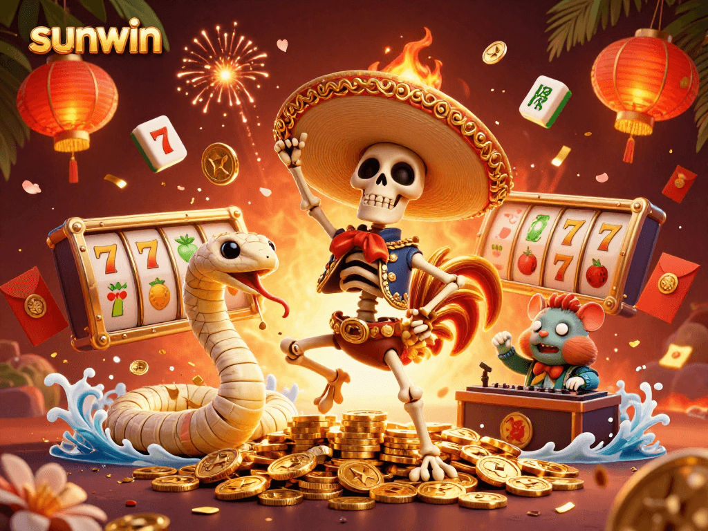 Experience winning moments with sunwin in a lively 3D casino scene filled with vibrant characters and game elements.