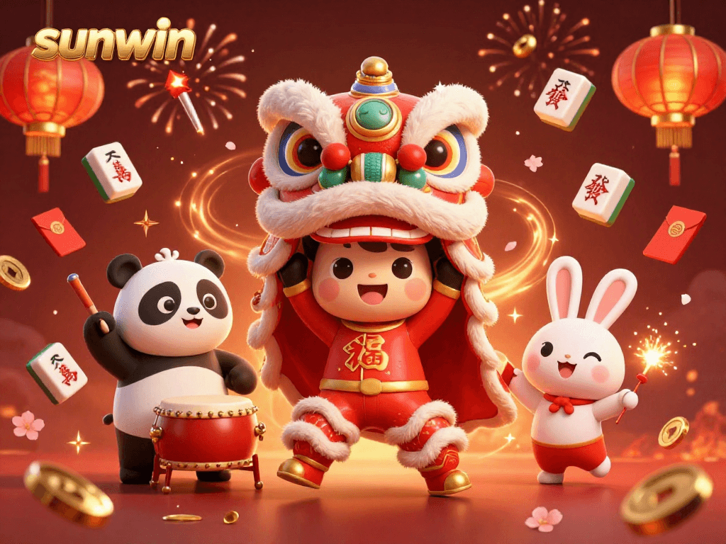 Spin and celebrate with sunwin's vibrant casino atmosphere featuring festive characters and exciting game elements.