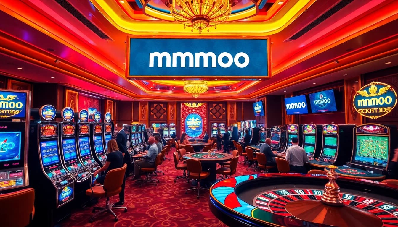 Experience vibrant casino action at MMOO with slot machines and poker tables in a luxurious setting.