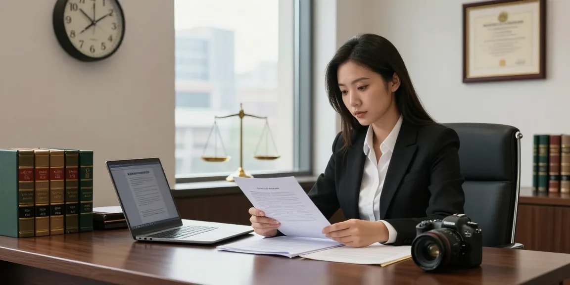Legal expert at J.K. Chaudhary & Associates reviewing case files in a professional law office.
