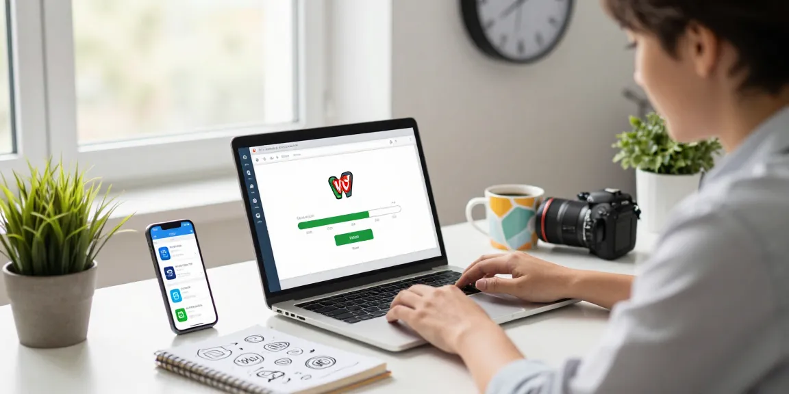 WPS Download in a modern office with a professional downloading software on a laptop surrounded by productivity tools.