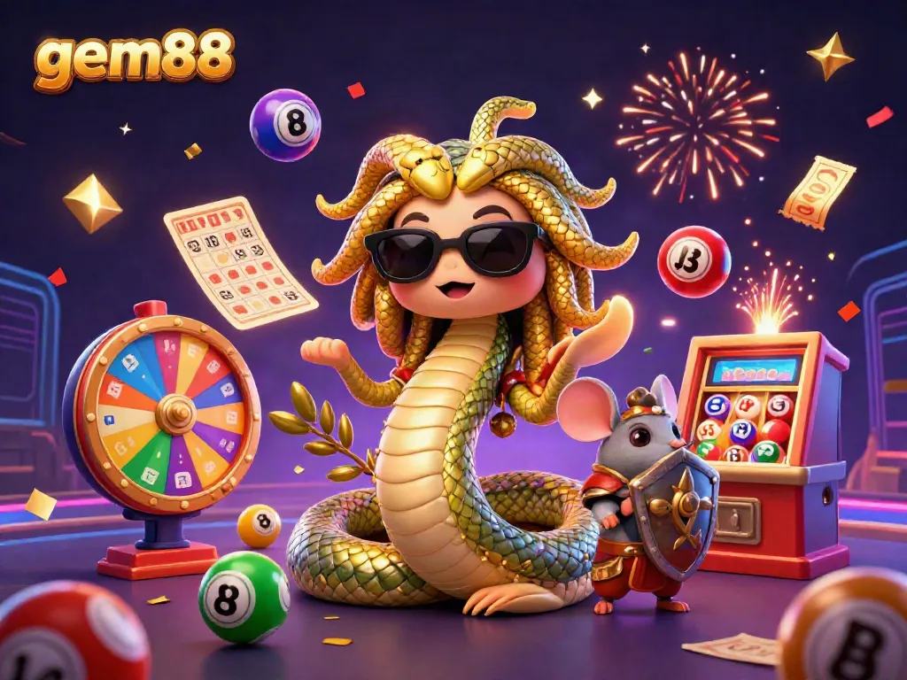 Watch gem88's playful Medusa and warrior mouse amidst lottery excitement and vibrant gaming elements.