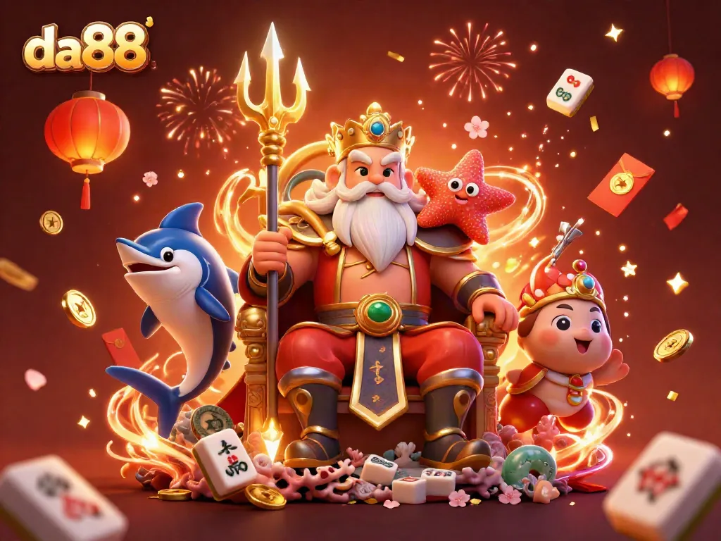 Engage in exhilarating gameplay at DA88, featuring dynamic casino elements and festive characters.