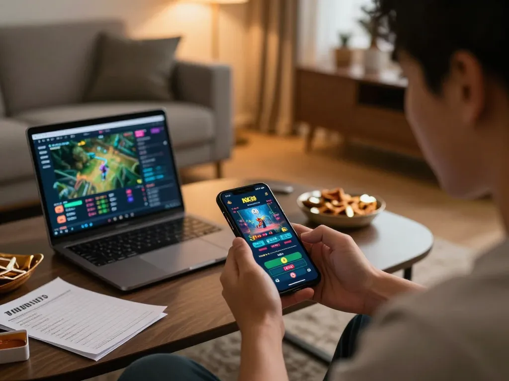 Engaging in mobile gambling on the NK88 app in a cozy home setting.