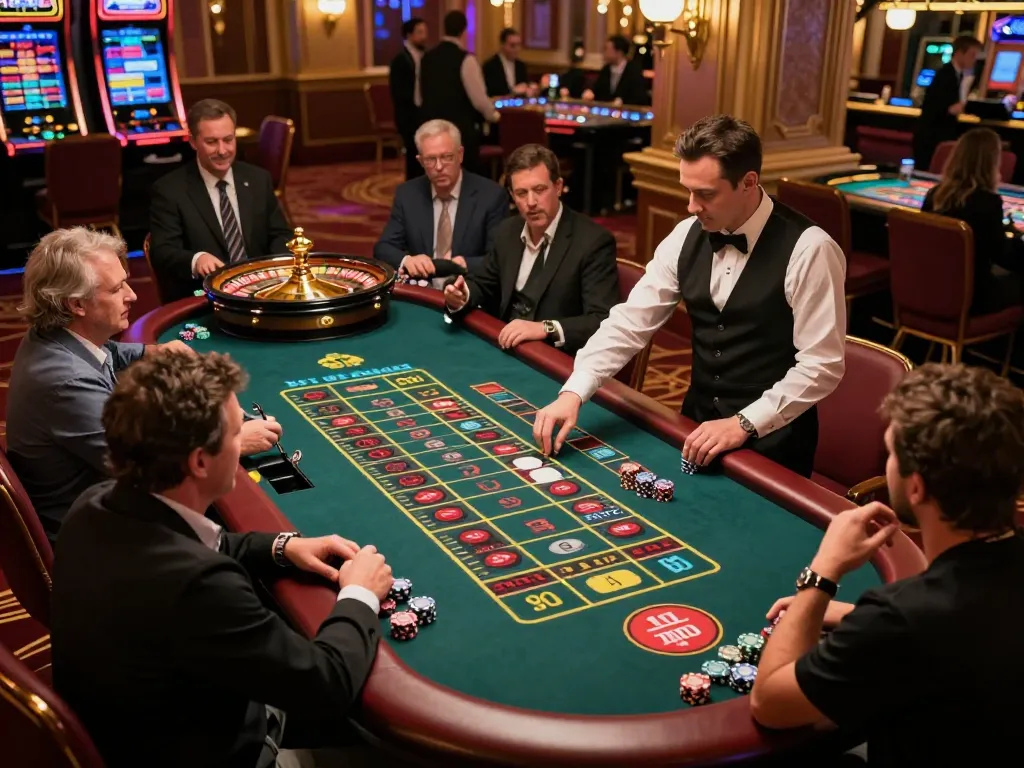 Players engaging in an intense roulette game at a luxurious casino floor showcasing du88 strategies and excitement.