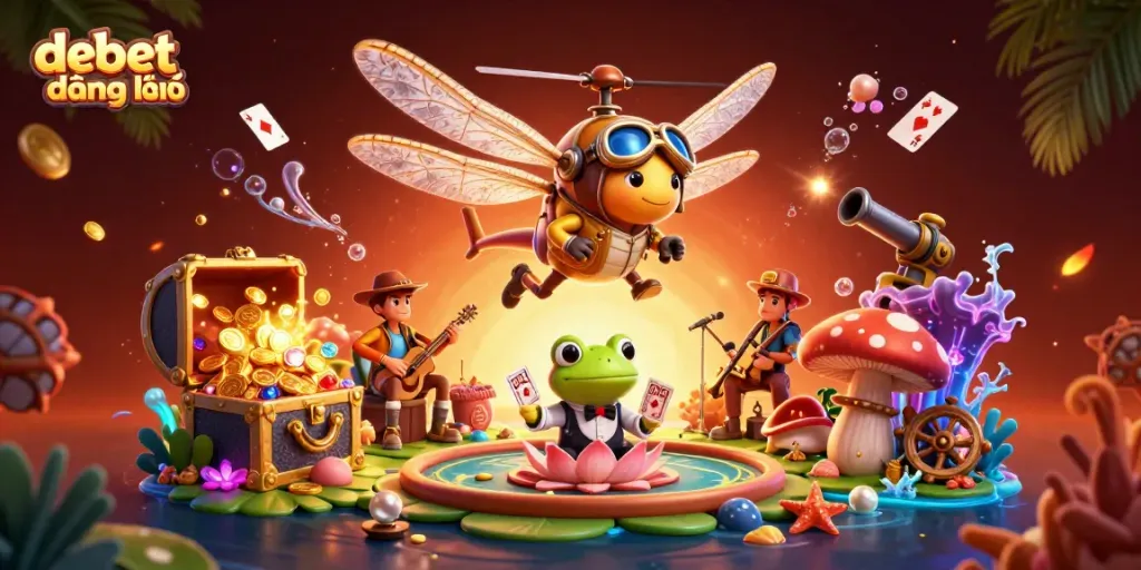 Engage in debet đăng nhập at a vibrant lily pad casino scene filled with sparkling games and joyful characters.