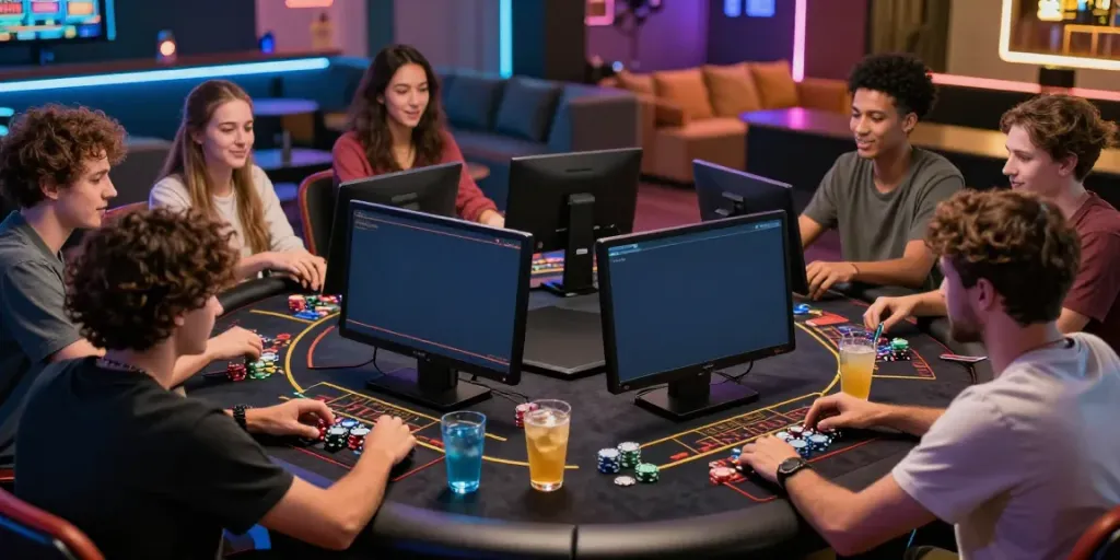 Online gaming friends enjoying Man88 casino experience with colorful screens and drinks.