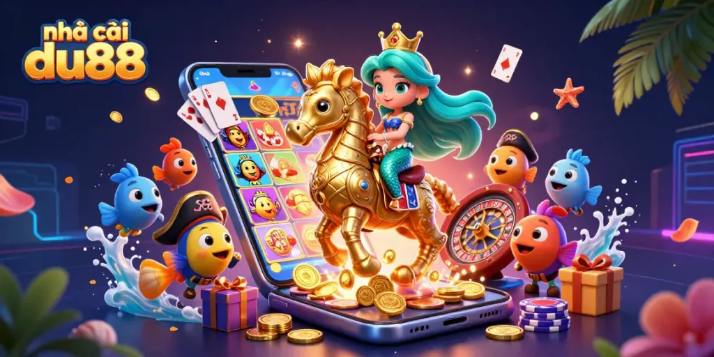 Experience excitement with nhà cái du88 as a mermaid and seahorse unveil the thrill of slot games and casino action.