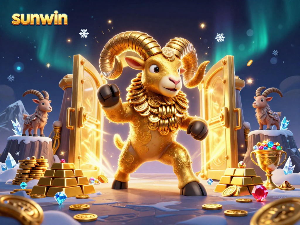 Sunwin showcases a golden ram charging towards a treasure vault, embodying casino excitement.