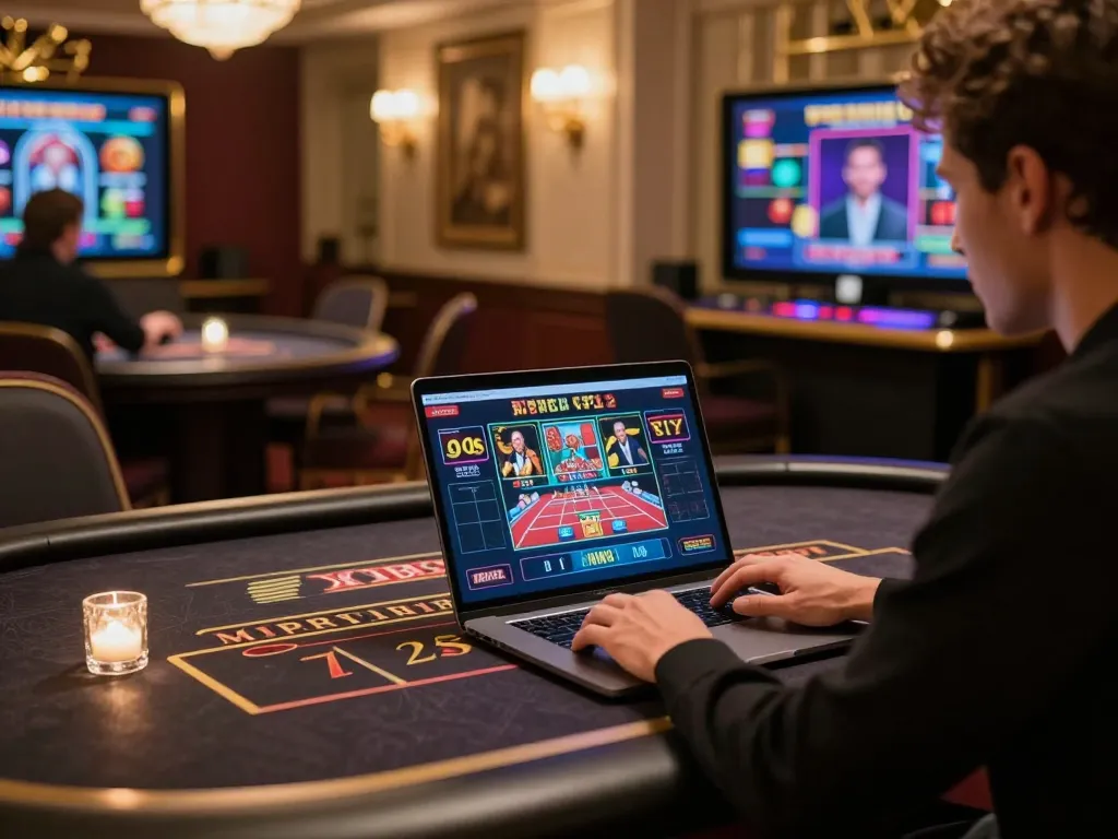Player engaging with TG88 online casino games on laptop, showcasing a modern gambling experience.