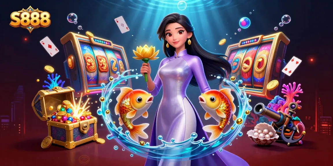 S888 showcases an Asian woman in traditional attire winning at slots with vibrant games around her.