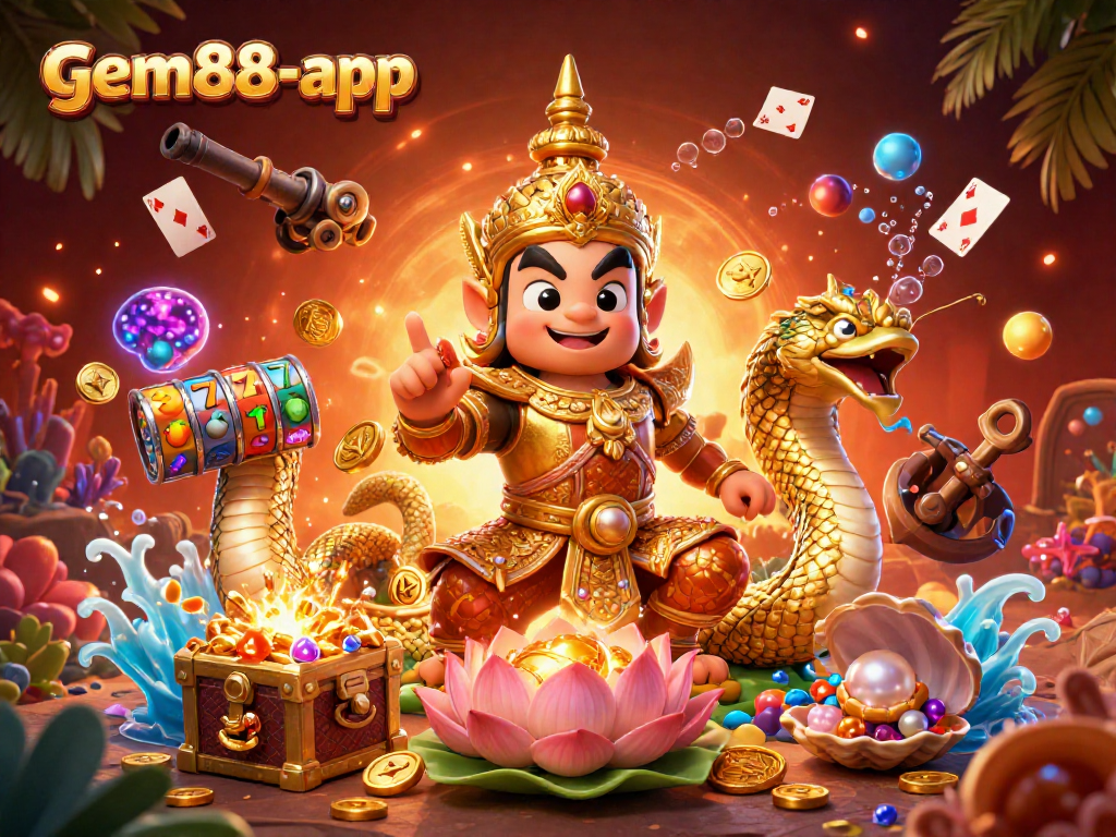 Spin the reels at gem88-app, featuring vibrant characters and exciting treasure in a dynamic casino scene.