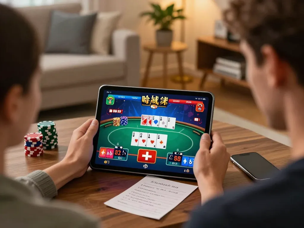 Player engaging with SC88 online casino on a tablet, showcasing poker gameplay and strategic notes.