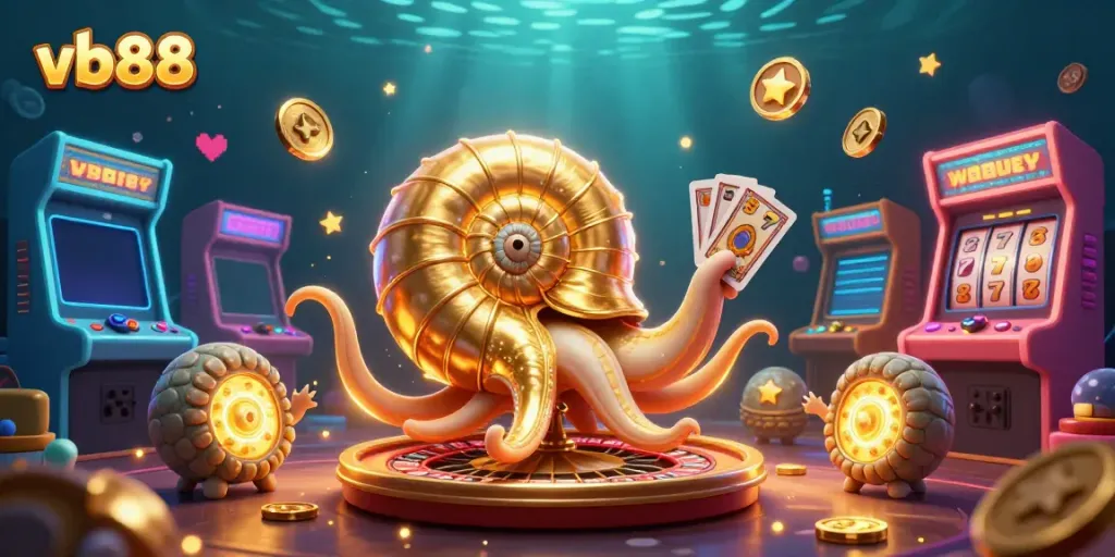 Engage with VB88's thrilling gaming experience featuring a giant nautilus and vibrant casino elements.