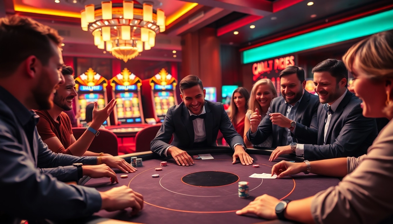 Excited gamblers engaged at a casino table with Festivaliu apyrankes su spauda enhancing the atmosphere.