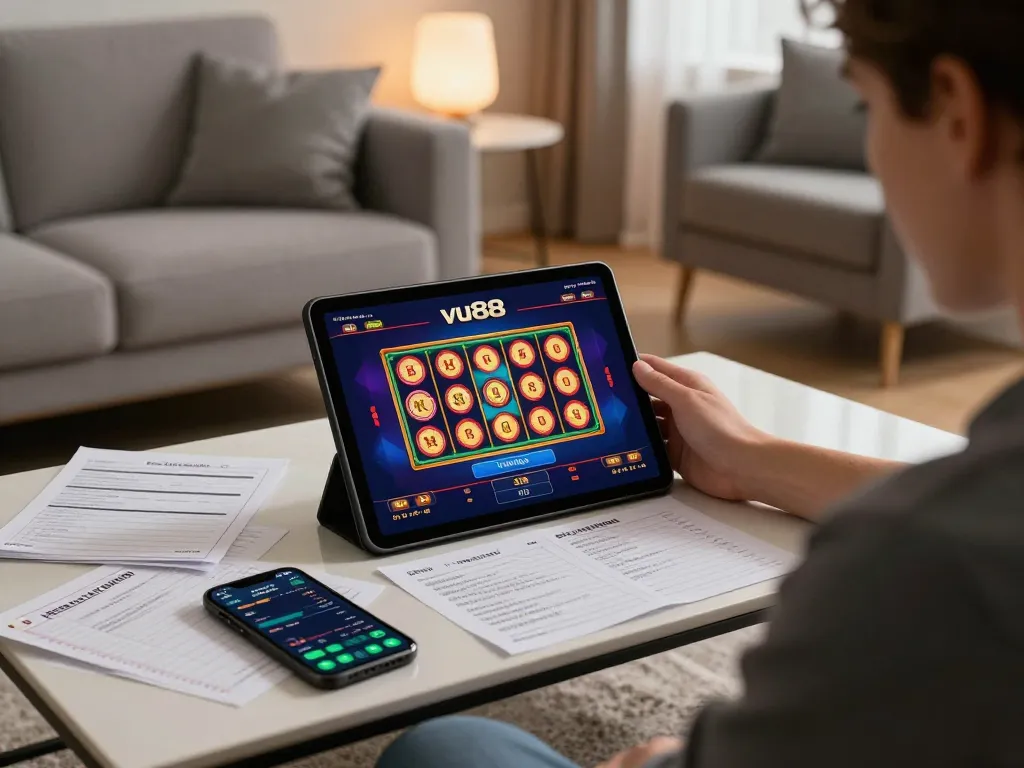 Play online at vu88 with vibrant slot game on tablet in cozy home setup.