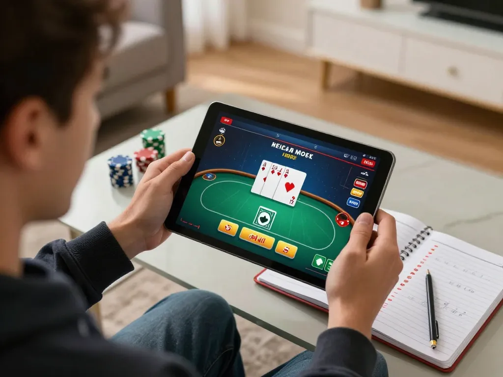Player engaging with online casino app RR88, focusing on poker game strategy in a cozy home setting.