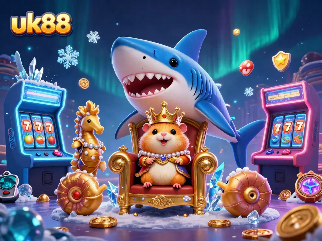 Engage with uk88's dynamic casino atmosphere featuring a golden hamster king and vibrant game elements.