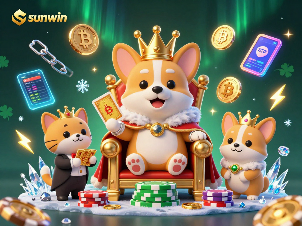 Experience excitement with sunwin in a vibrant 3D casino scene showcasing a royal corgi and crypto elements.