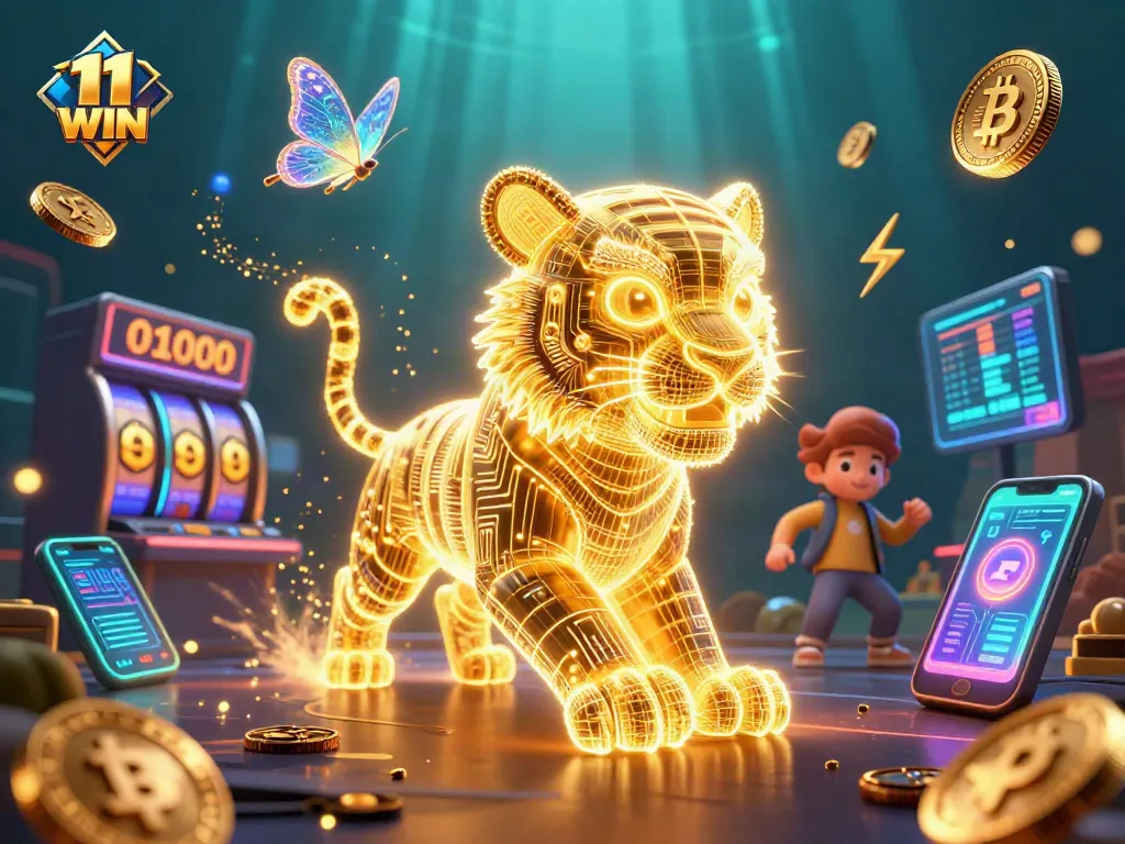 Experience thrilling 11 WIN casino gaming with a dynamic neon wireframe tiger in a vibrant digital landscape.